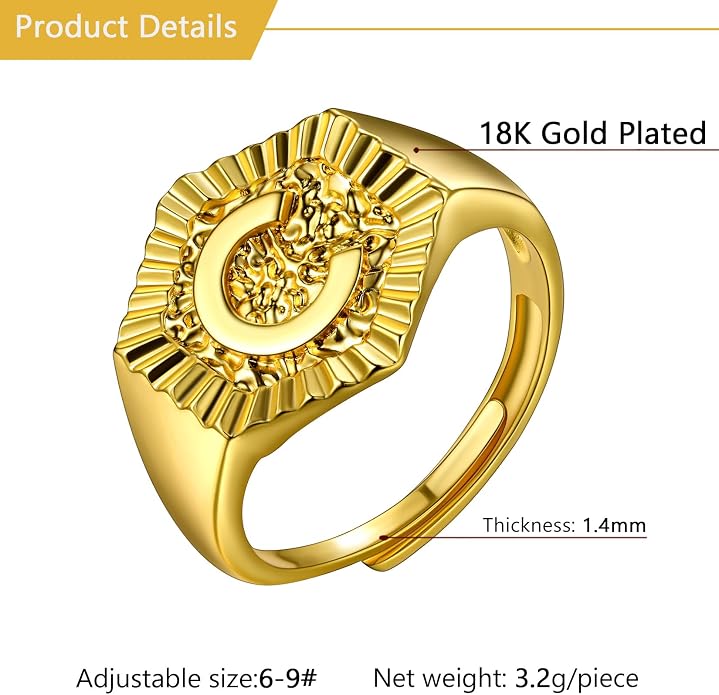 U7 Initial Ring Wedding Band for Men Women 18K Gold Plated Statement Hexagon A-Z Letter Jewelry Personalized Stackable Signet Rings