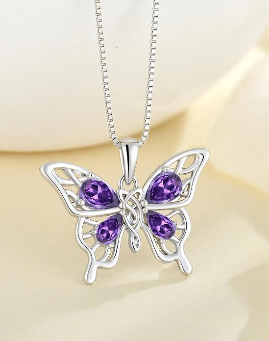 Butterfly Necklace 925 Sterling Silver Celtic Knot Pendant Teardrop Birthstone Twisted Jewelry for Women
