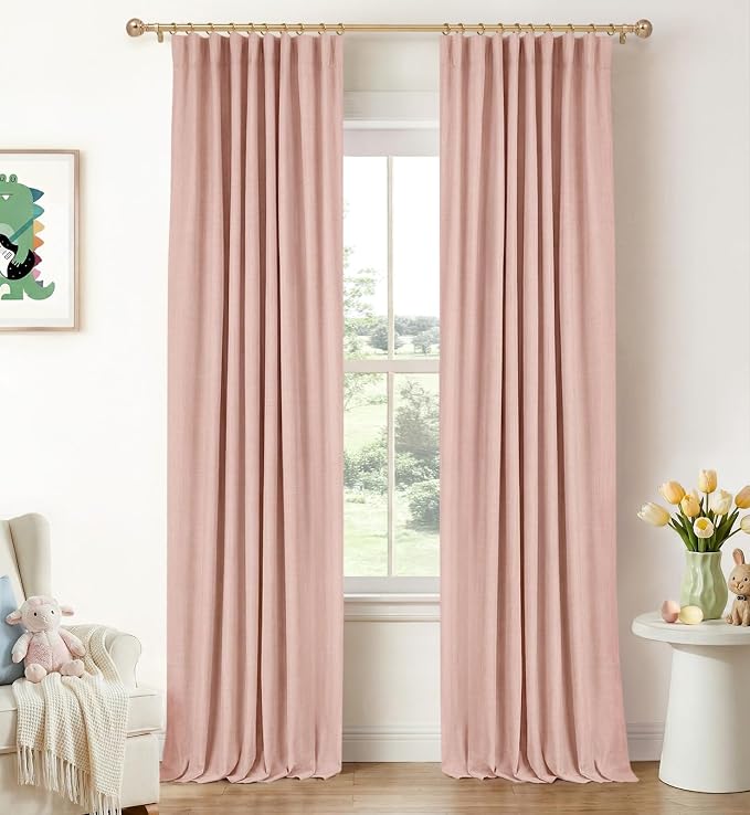 INOVADAY 100% Blackout Curtains for Bedroom, Blush Pink Black Out Curtains 72 Inch Long, Clip Rings Linen Blackout Drapes, Thermal Insulated Room Darkening for Living Room, 2 Panels - W50xL72
