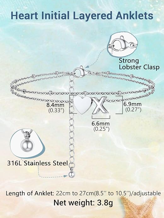 Initial Ankle Bracelets for Women, Dainty Stainless Steel Letter A-Z Layered Anklets, Heart Ankle Bracelet 8.5"-10.5" Adjustable, Summer Beach Jewelry, Come with Box