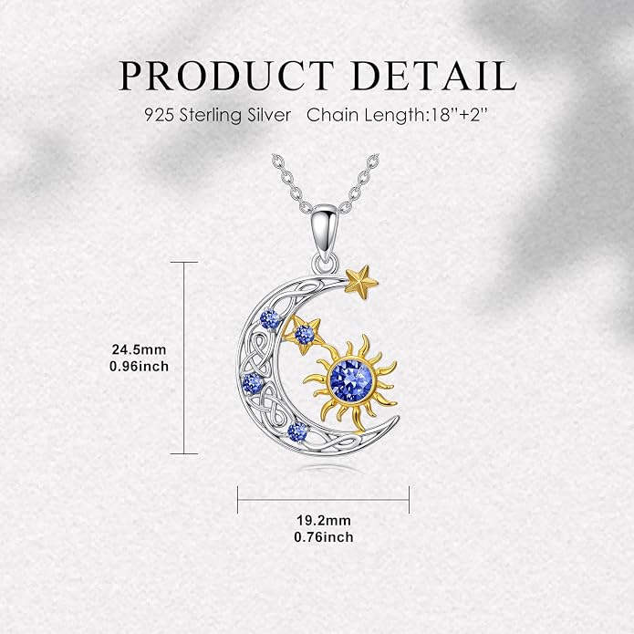 PELOVNY Sun and Moon Necklace for Women 925 Sterling Silver Sun Moon Star Birthstone Pendant Necklaces Birthday Christmas Jewelry Gifts for Mom Daughter Wife Sister