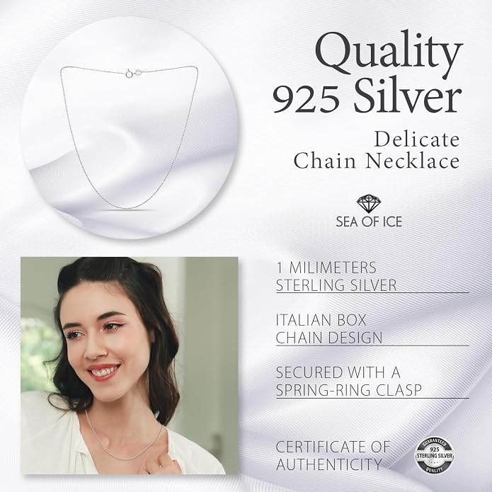 SEA OF ICE Sterling Silver 1mm Round Ball Bead Chain Necklace for women, Size 14" - 36" Italy