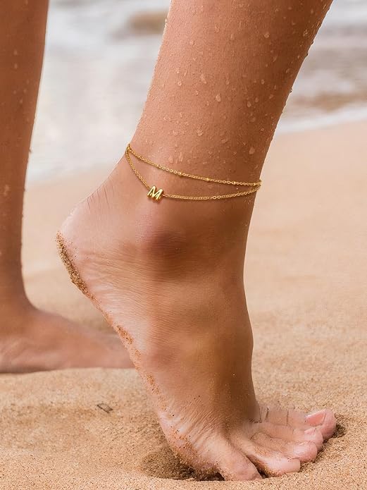 FaithHeart Initial Ankle Bracelets for Women, Waterproof 14k Gold Plated Initial Anklets Non Tarnish Stainless Steel Cute Layered Anklet Summer Beach Jewelry