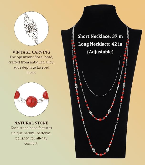 Long Beaded Silver Necklaces for Women Layered Long Statement Necklace with Stone Pearl Beads Double Sweater Chain Costume Jewelry for Women
