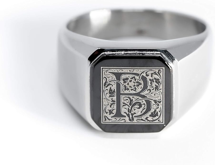 Jewelry | Stainless Steel Letter Alphabet Initial Ring | Square Flat Top Ring for Men & Women | Stainless Steel Jewelry, (Black, Gold, Silver), Size 7-16