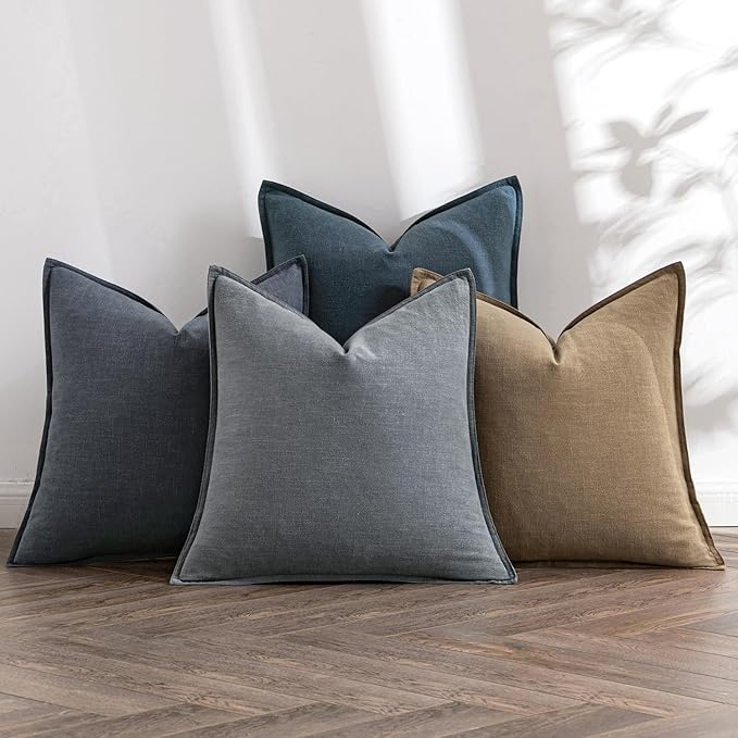 MIULEE Neutral Navy Boho Linen Pillow Covers 18x18 Inch Pack of 4 | Natural Decorative Throw Pillow Covers Soft Farmhouse Couch Pillowcases Coastal Home Decor for Living Room Bed Sofa