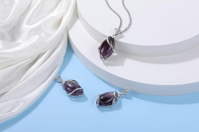 Jovivi Amethyst Rose Quartz Stone Necklace for Women Men, Full Wire Wrapped Natural Gemstone Reiki Healing Crystal Pendant Jewelry