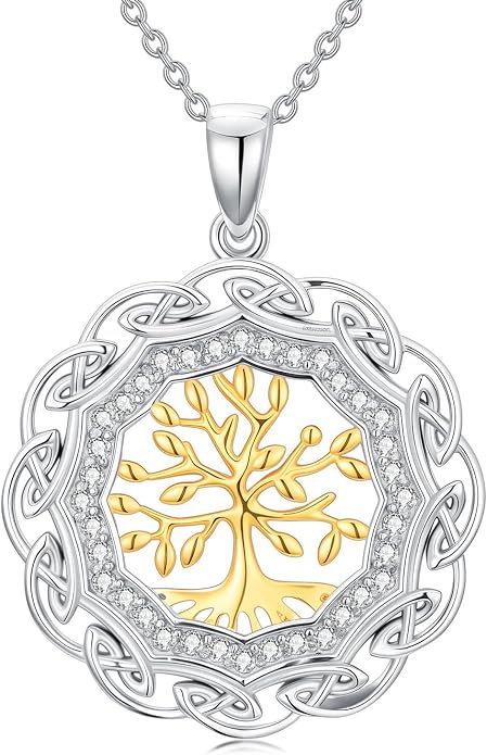 Sterling Silver Birthstone Celtic Tree of Life Necklace, 18K Gold Plated Colored Gemstone Tree of Life Pendant Two-Tone Necklaces Jewelry Birthday Gifts for Women 18" - 20"