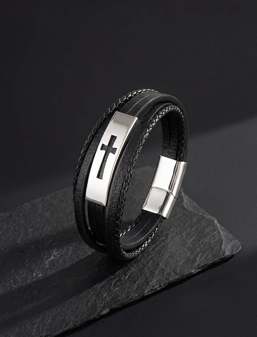 Mens Leather Cross Bracelet Multilayer Braided Wristband Bangle Bracelets with Stainless Steel Buckle Religious Gift for Men Brown/Black/Blue–8.3 inch