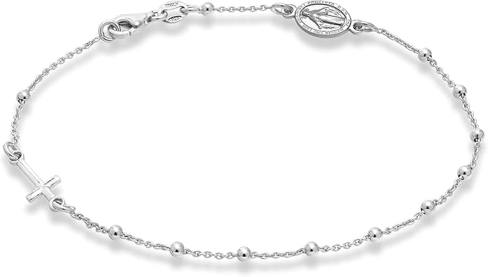 Miabella Italian 925 Sterling Silver or 18K Gold Plated Rosary Cross Bead Chain Anklet for Women, Made in Italy
