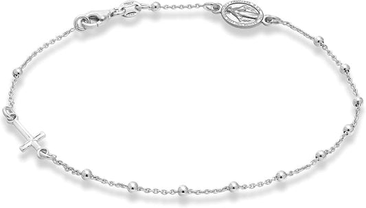 Miabella Italian 925 Sterling Silver or 18K Gold Plated Rosary Cross Bead Chain Anklet for Women, Made in Italy