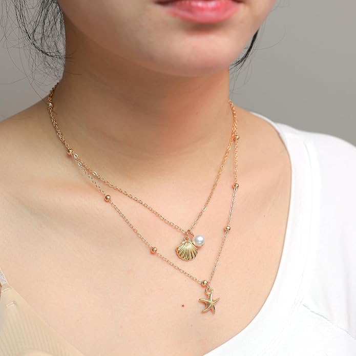 14K Gold Plated Paper Clip Chain Link Necklace Satellite Cross Key Starfish Turquoise Heart Necklace for Women