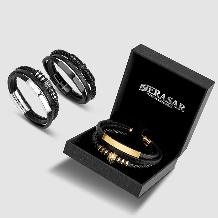 SERASAR Premium Leather Bracelet Men | Stainless Steel Magnetic Clasp | Three Colors | Jewelry Box Included