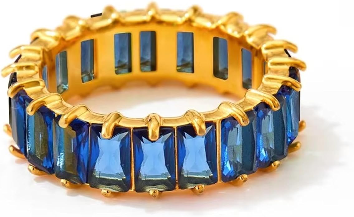 Cubic Zirconia Ring for Women, Emerald Cut Cubic Zirconia Eternity Ring, Fashion Wedding Band Style, Continuous Diamond Design