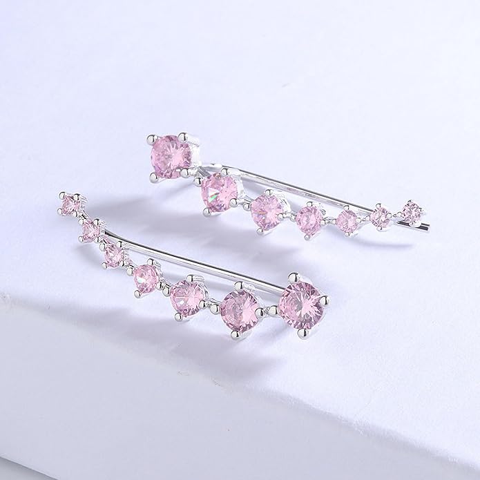 Climber Earrings for Women Ear Crawler Earrings White Gold Plated Cubic Zirconia Created Pink Tourmaline Earring Gifts for Women