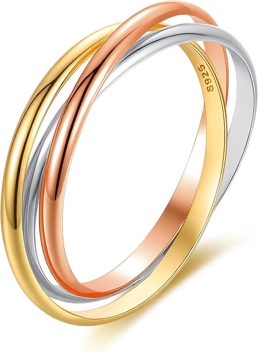 14K Gold Plated Interlocking Fidget Anxiety Ring 925 Sterling Silver Stackble Rings for Women Men Rolling Triple Spinner Ring Minimalist Trendy Knuckle Rings Jewelry Birthday Graduation Gifts