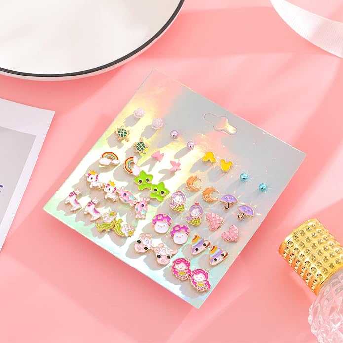 NEWITIN 100 Pairs Colorful Cute Earrings for Girls Sensitive Ears Hypoallergenic Girl Stud Earrings Set Stainless Steel Cartoon Stud for Girls and Women