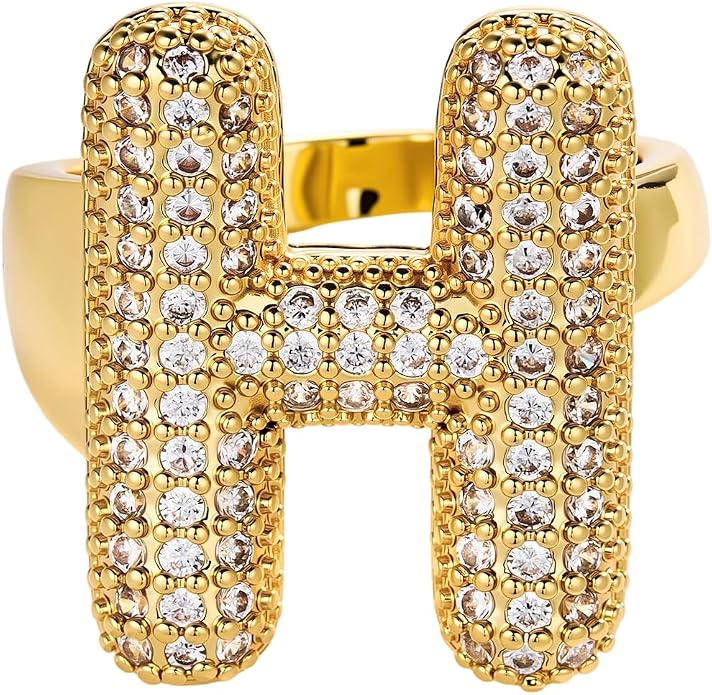 Cicy Bell Initial Rings for Women 14k Gold Plated Cubic Zirconia Delicate Letter Chunky Statement Open Rings Gifts for Her