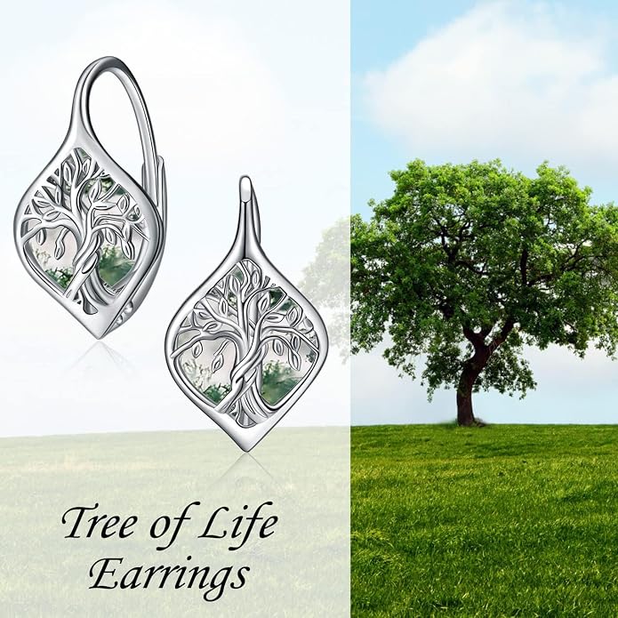 WINNICACA Leverback Earrings for Women 925 Sterling Silver Tree of Life Earrings Dangle Drop Turquoise Moonstone Moss Agate Heart Jewelry Gifts for Women Her Wife Anniversary Birthday Gifts