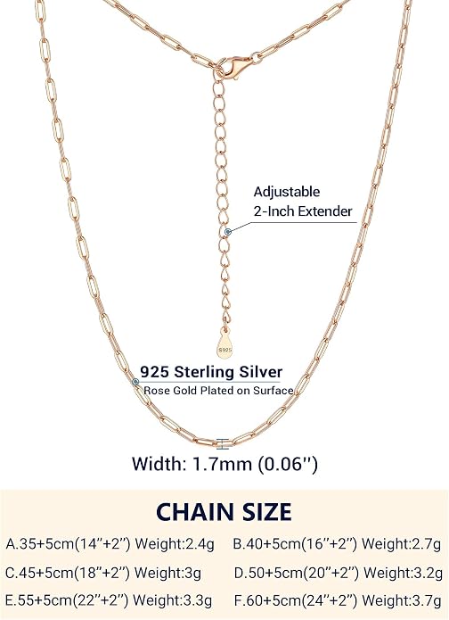 PROSILVER 925 Sterling Silver Paperclip Chain Necklace for Women Jewelry, with Gold/Rose Gold Plated, W: 1.7mm/3.3mm, L: 14"/16"/18"/20"/22"/24", Adjustable, Come with Box
