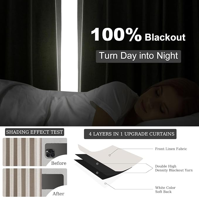 Topfinel 100 Inch Long Black Out Burlap Custom Curtains, Natural Linen Tweed Pleated Window Coverings, Nursery Winter Boho Farmhouse Heat Sound Block Back Tab Curtains for Sliding Door Bay Window