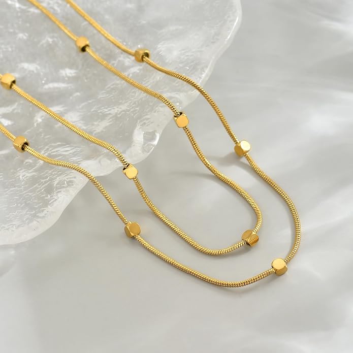 18K Gold Plated Layered Herringbone Necklaces for Women Dainty Layering Beaded Snake Chain Choker Moon Coin Pendant Necklace Trendy Stainless Steel Jewelry