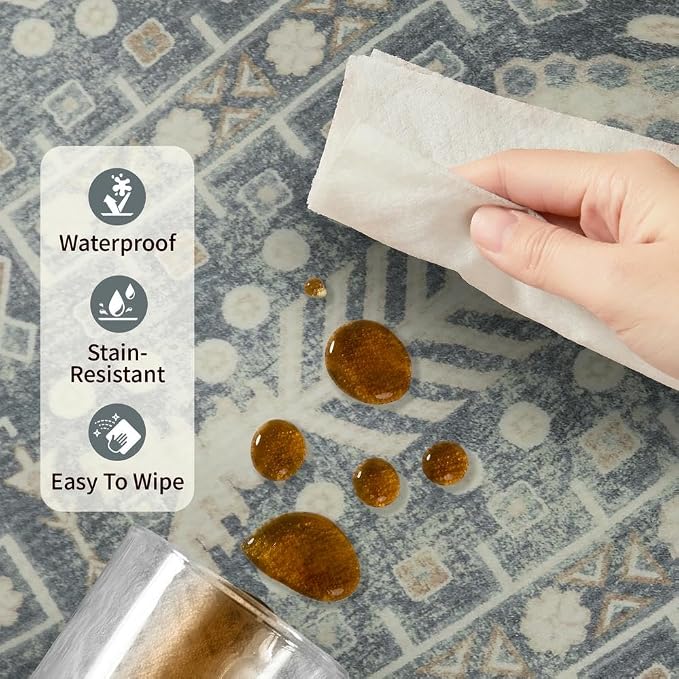 Rugxara 5x7 Washable Area Rugs for Bedroom & Living Room - Floral Boho Vintage Rug,Soft & Non-Slip,Low Pile Wool Carpet for Indoor Dining Room,Girls Room,Nursery Room and Kids Room(Ivory Blue)