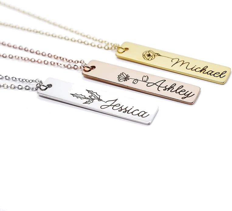 Personalized Flower Name Necklace Custom Engraved Bar Pendant Stainless Steel Floral Nameplate Jewelry Adjustable Cable Chain Gift for Her Women Mother Daughter Keepsake