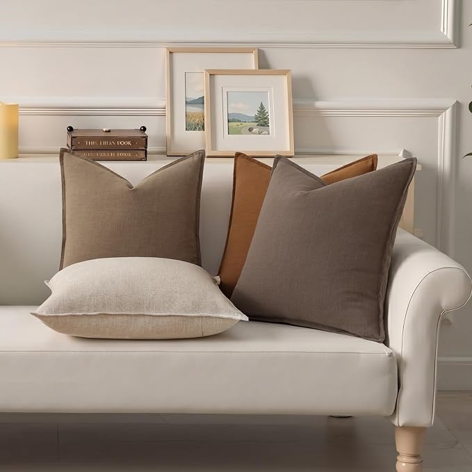 decorUhome Fall Brown Linen Throw Pillow Covers 16x16 Set of 2 | Decorative Soft Cozy Modern Farmhouse Boho Accent Pillow Cases with Flange Edges for Couch Bed Sofa Living Room Home Decor