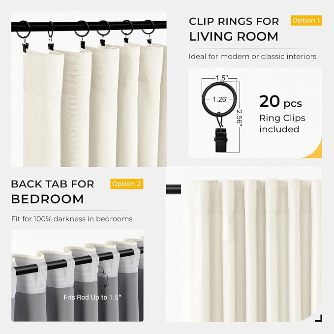 INOVADAY 100% Blackout Curtains for Bedroom, Light Cream Black Out Curtains 96 Inch Long, Clip Rings Linen Blackout Drapes, Thermal Insulated Room Darkening for Living Room, 2 Panels - W50xL96