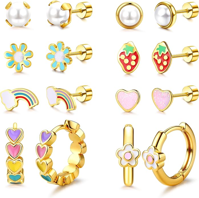 Florideco Hypoallergenic Earrings for Women 316 Surgical Steel Earrings for Sensitive Ears Cute Small Daisy Hoop Earring Heart Flower Strawberry Rainbow Flat Back Earring Sets