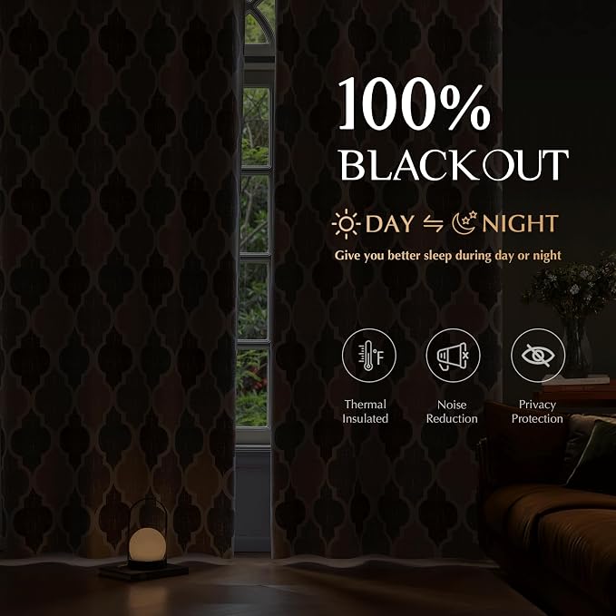 Beauoop Moroccan 100% Blackout Curtains Bedroom Brown Grey 50x90 2 Panels | Geometric Room Darkening Drapes for Living Room 90 Inch Long Thermal Insulated Soundproof Lattice Window Treatment Grommet