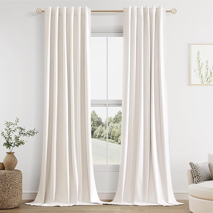 Guken 100% Blackout Linen Curtains 98 Inch Long by 52 Inch Wide 2 Panels Set for Living Room Bedroom Back Tab Thermal Insulated Black Out Linen Drapes Room Darkening Window Curtains, Ivory
