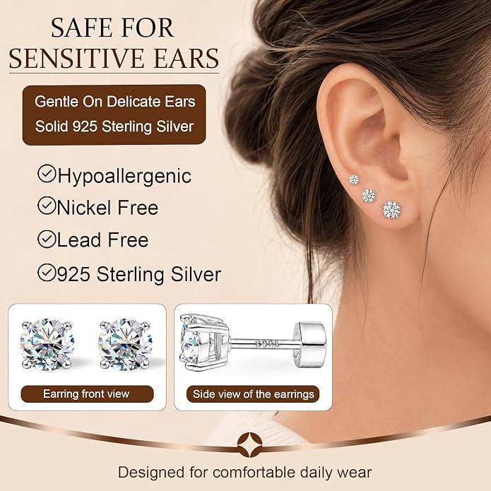 3 Pairs Moissanite Earrings, Flat Back Stud Earrings for Women Men, D Color VVS1 Hypoallergenic 925 Sterling Silver Post, Cartilage Helix Piercing Jewelry Set