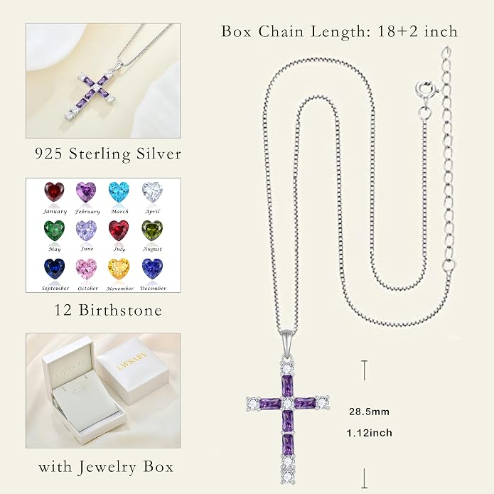 Birthstone Cross Necklace for Women 925 Sterling Silver Christian Religious Crucifix Pendant Rectangular Cut Birthstone Jewelry Gifts for Her