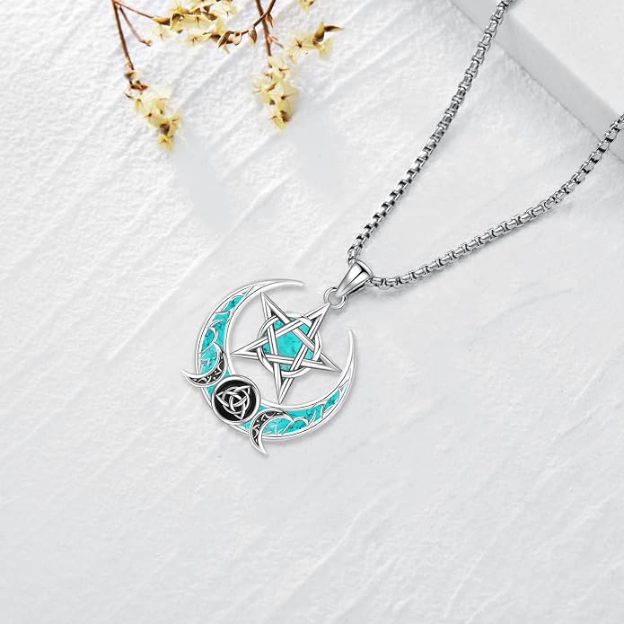 Pentagram Necklace Sterling Silver Triple Moon Goddess/Celtic Knot Witches Knot/Ankh/Sun and Moon/Hecate/Lilith/Santa Muerte/Tetragrammaton Pendant Necklace Pagan Wiccan Magic Egyptian Amulet Jewelry for Women Men