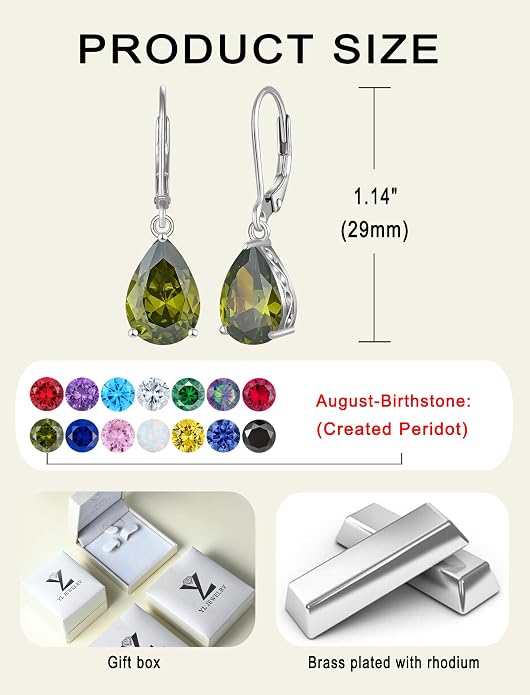 YL Solitaire Dangle Drop Earrings Teardrop Leverback Earrings Brass 8X12 MM Birthstone Jewelry for Women