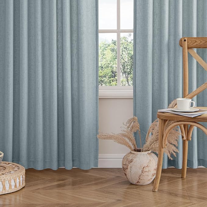 MIULEE Non-See-Through Privacy Linen Curtains 52W x 96L Inch Stone Blue | 2 Panels, Light Filtering, Semi Sheer Window Curtains, Farmhouse Textured, Back Tab Drapes for Bedroom Living Room