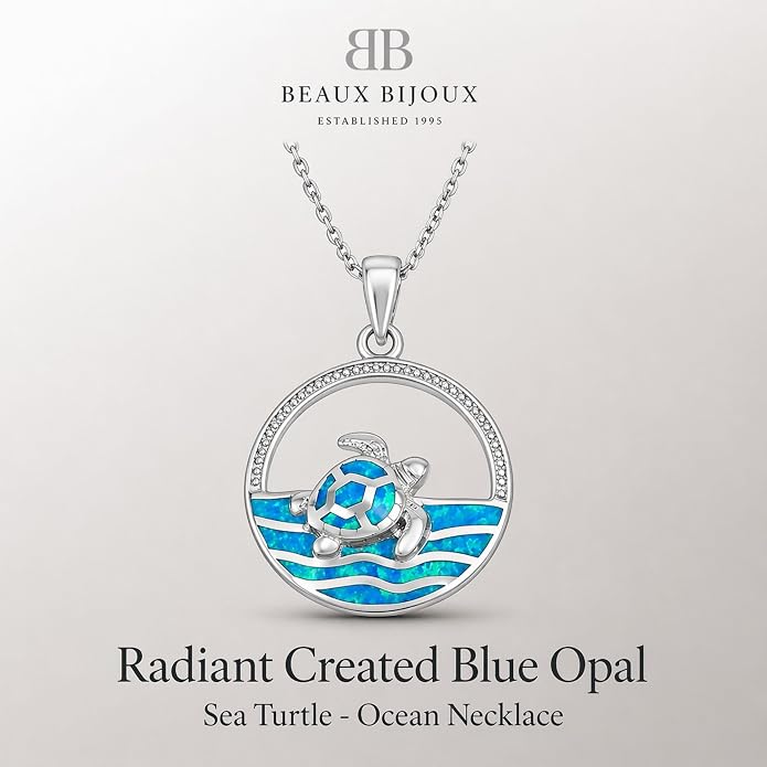 Created Blue Opal Ocean Necklace for Women, 925 Sterling Silver Pendant, 18 Inch Chain, Beach and Sea Life Jewelry Collection