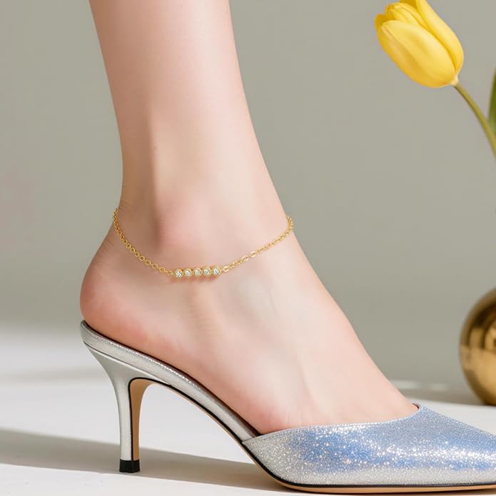 14K Gold Plated Ankle Bracelets for Womens Ankle Bracelet 14K Gold Plated Anklets for Women Elegant Line with Five Cubic Zirconias Anklets for Womens Adjustable 9.4+1.6in