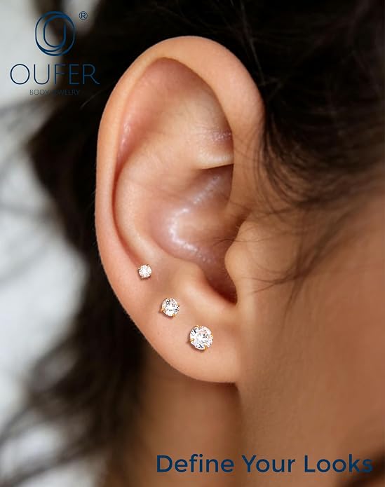 OUFER 18G 6/7/8MM Flat Back Cartilage EarRings-3PCS Gold Titanium Extended Internally Threaded Lip Piercing 2/3/4MM Round Clear CZ Helix Piercing Jewelry