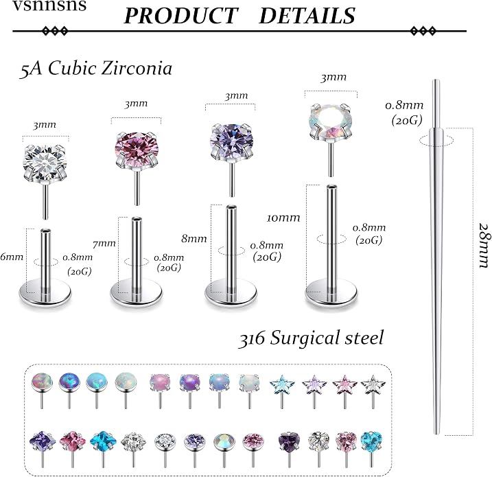 Vsnnsns 14K Gold Plated 16G 18G 20G Threadless Nose Rings Studs Flat Back Earrings Stainless Steel Tragus Helix Conch Earrings Stud Snake Bite Lip Rings Labret Medusa Piercing Jewelry for Women Men