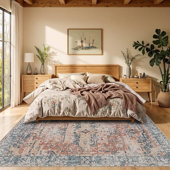 Rugxara 6x9 Area Rugs Washable Rug for Living Room Bedroom, Coral Blue | Non Slip, Rug for Dining Room Office Farmhouse, Stain Resistant, Soft, Low Pile, Vintage Boho Floral Retro Carpet, Home Decor
