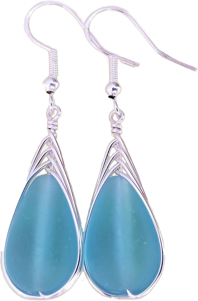 Handmade Sea Glass Earrings, Hawaiian Jewelry, Wire Braided Earrings Teardrop Earrings, Beach Jewelry Sea Glass Jewelry For Women Birthday Gift