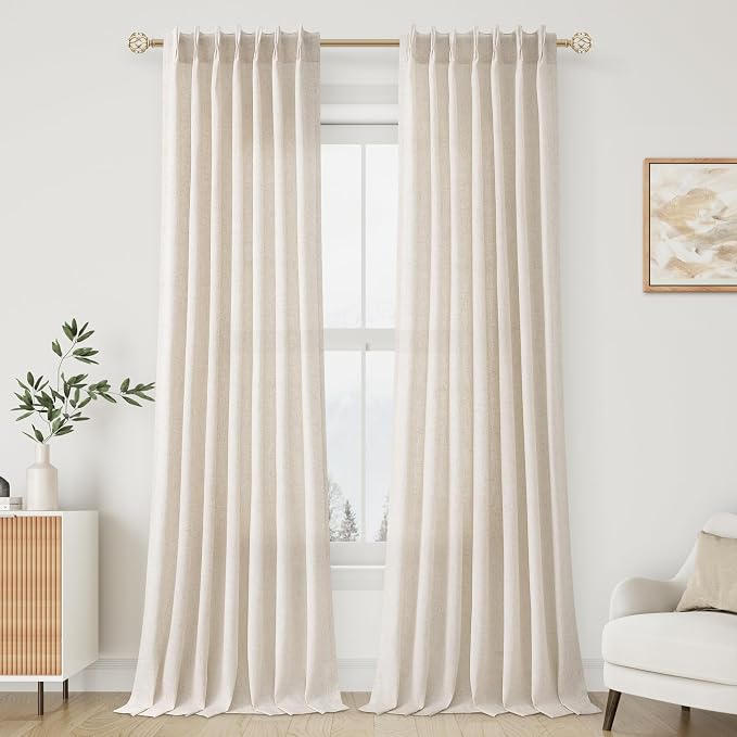 Natural Cream Pleated Linen Curtains 92 Inches Long for Living Room Bedroom Pinch Pleat with Hooks Back Tab Light Filter Boho Farmhouse Semi Sheer 92 Inch Curtain for Dining Room Patio Sliding Door