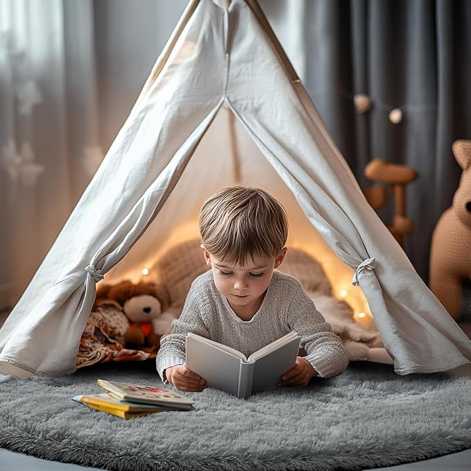 CAIYUECS Grey Round Rug for Bedroom: 4x4Feet Soft and Fluffy Area Rug for Living Room- Circle Fuzzy Bedroom Rug- Oval Furry Plush Rug for Kids Room, Nursery (4ft, Grey)