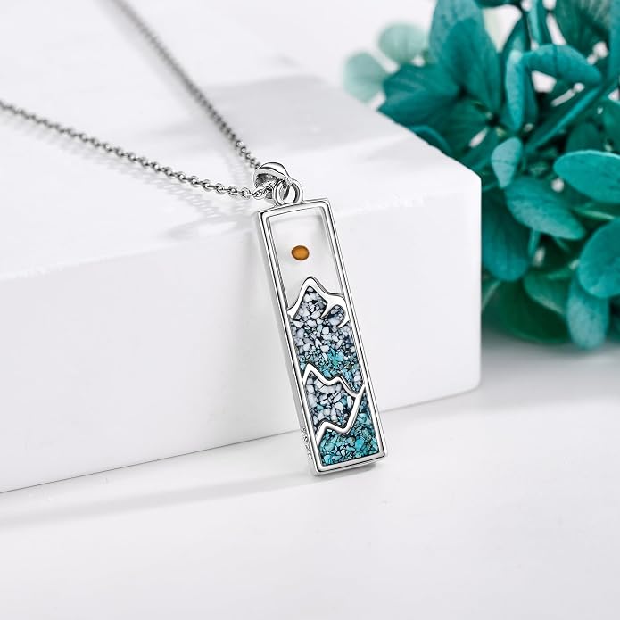 Turquoise Western Necklace Sterling Silver Moon Kokopelli/Cow Skull/Zia Sun/Mountains Pendant Necklace Turquoise Jewelry for Women Hikers Campers
