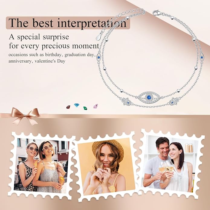 Ladytree S925 Sterling Silver Boho Beach Double Layer Anklets Bracelet for Women Adjustable 9 to 11 inches