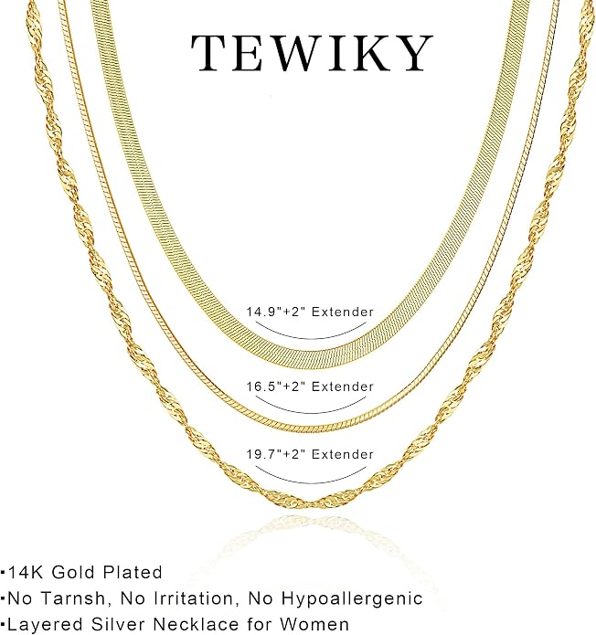 Tewiky Layered Necklaces for Women Non Tarnish- Chunky 14k Gold Plated Herringbone/Snake/Rope/Box/Cuban Link Chain for Women Waterproof Layering Stack Choker Necklace Trendy Dainty Tarnish Free Jewelry Set