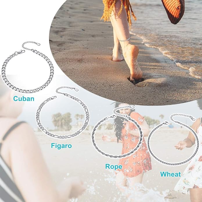 GoldChic Adjustbale Link Chain Anklet for Women Summer Jewelry, 316L Stainless Steel Figaro/Wheat/Twist Rope/Cuban Foot Bracelet-Waterproof, Resizable 9"-12" (Gift Box Included)
